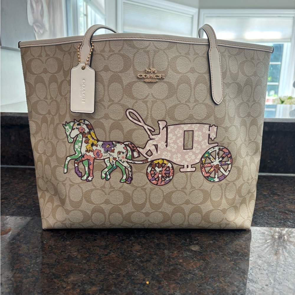 Coach Tan Tote with Floral Horse and Carriage Design